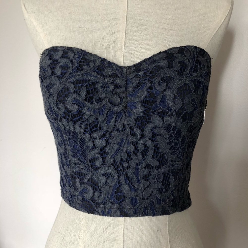 Guess SUN-BLEACH LACE AND DENIM BUSTIER CROP TOP